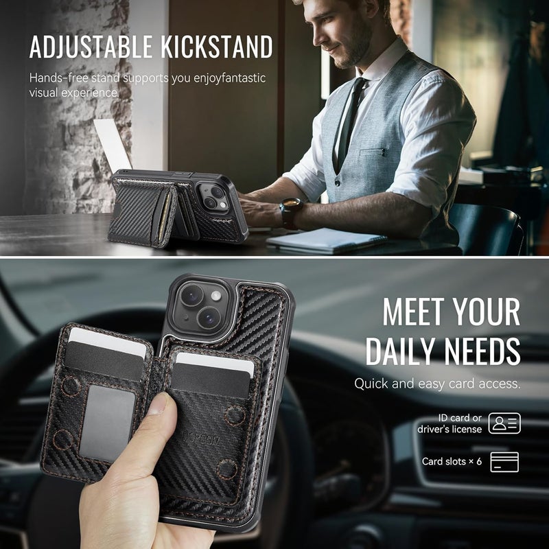 Usroom for iPhone 15 Detachable Wallet Case with Card Holder, 2 in 1 RFID Blocking Credit Slots Kickstand Shockproof Phone Wallet for iPhone 15 6.1" Carbon Black - Image 5